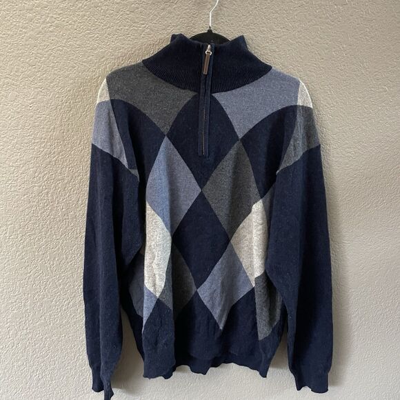 American Blue Sweater Mens XL Blue Argyle Cashmere 1/4 Zip Preppy Academia - Picture 1 of 9